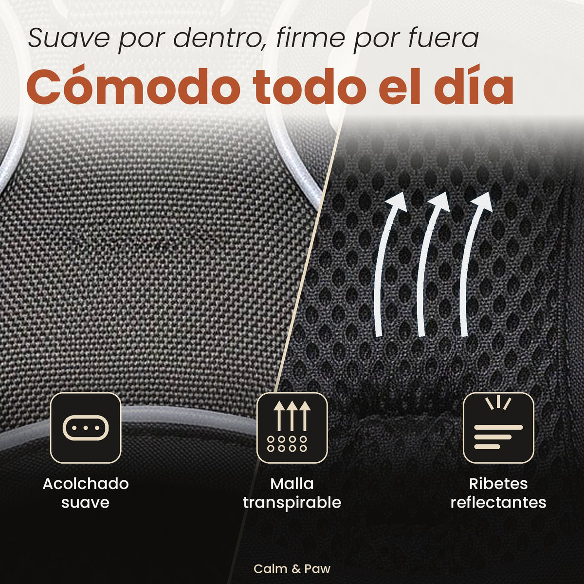 Detalle del acolchado suave, la malla transpirable y los ribetes reflectantes del arnés Calm & Paw GiroSuave™