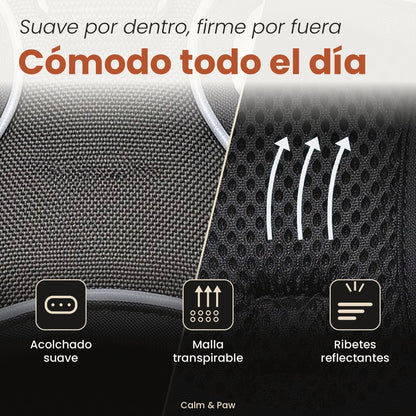 Detalle del acolchado suave, la malla transpirable y los ribetes reflectantes del arnés Calm & Paw GiroSuave™